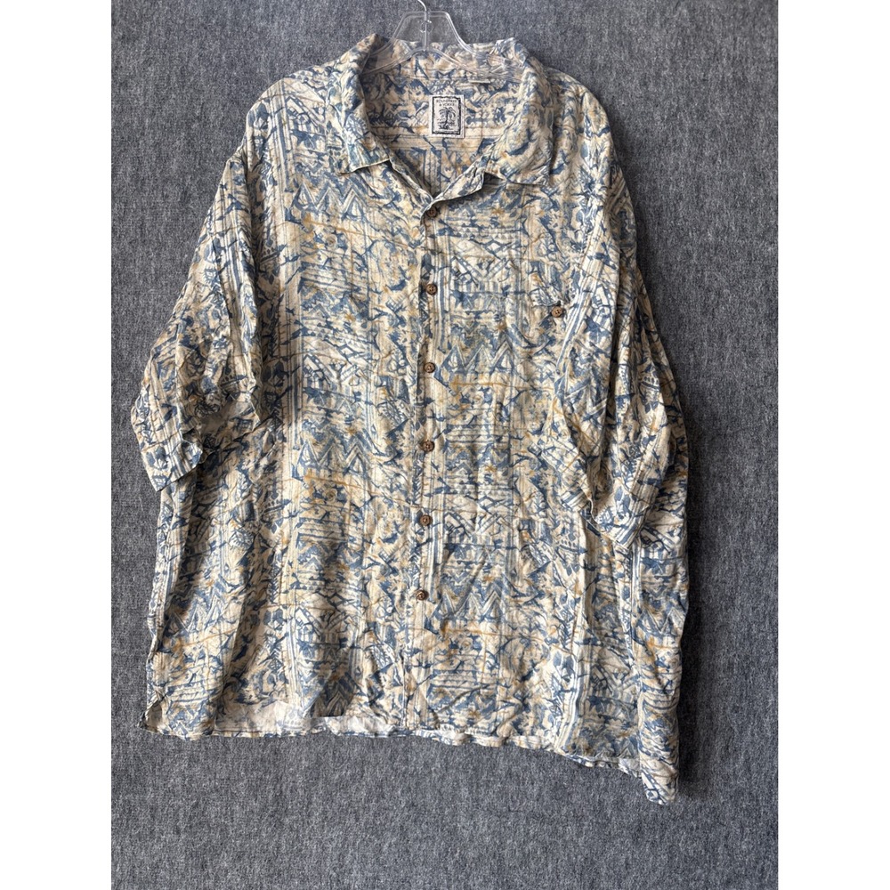 Roundtree & Yorke Mens 3XT Blue Tan Rayon Geometric Tribal Aloha Shirt Tall